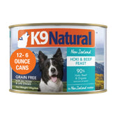 K9 Natural lata de comida humeda con pate hoki y ternera, ideal para perros de todas las edades.