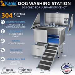KANIS bañera para perros en acero 304 con drenaje y kit incluido.