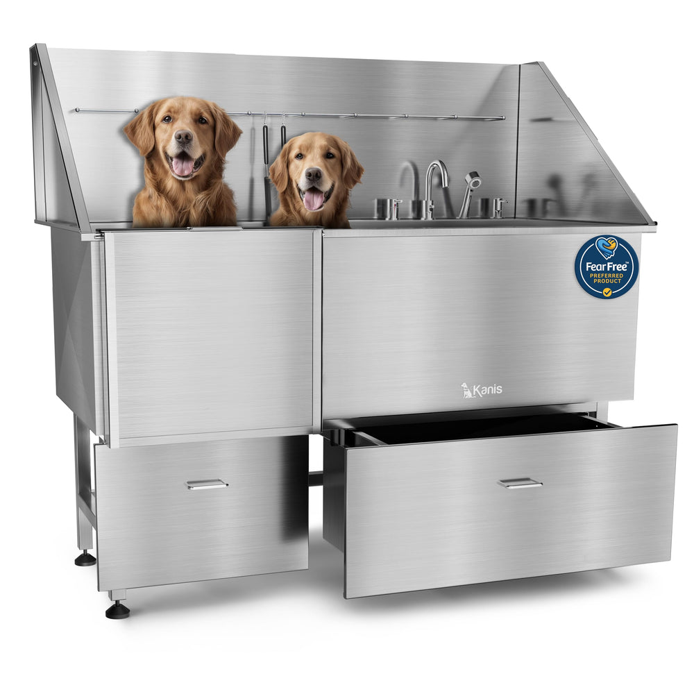 Kanis estación de lavado para perros, vista frontal en acero inoxidable 304.
