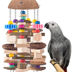 Juguete KATUMO para loro gris africano en madera para masticar y explorar.