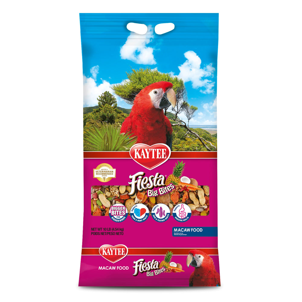 Kaytee Fiesta Big Bites Macaw envase y etiqueta clara para una alimentación diaria