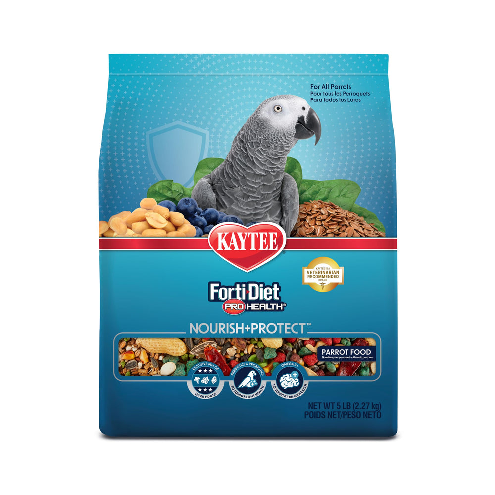 Kaytee Forti-Diet Pro Health para loro, empaque visible y tamaño de 5 libras.