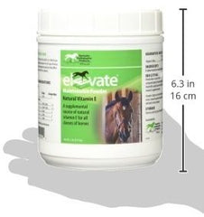 Etiqueta de Elevate de Kentucky Performance Prod, destaca vitamina E natural para mantener músculos y nervios.