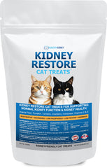 Golosinas Kidney Restore en envase con atún para gatos, perfil renal y sabor atractivo.