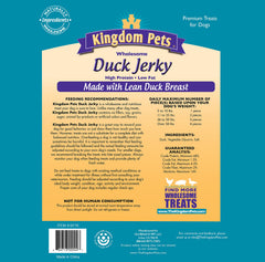 Presentación del jerky de pato Kingdom Pets, snack proteico para perros de cualquier tamaño.