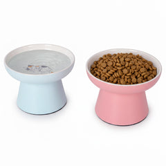 KittyDine cuencos elevados de cerámica para gatos en rosa y azul, dos piezas.