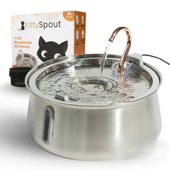 KittySpout fuente de agua para gatos en acero inoxidable, gran capacidad para varios felinos.