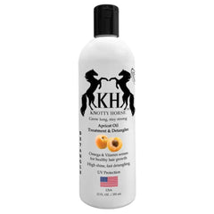 Knotty Horse Desenredante con Aceite de Albaricoque, botella mostrando textura suave para desenredar fácilmente