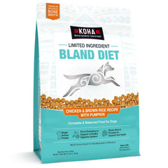 KOHA Bland Diet en plato muestra pollo, arroz y calabaza para digestión suave.