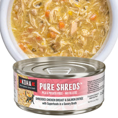KOHA Pure Shreds lata pollo y salmón, textura deshebrada para gatitos selectos.