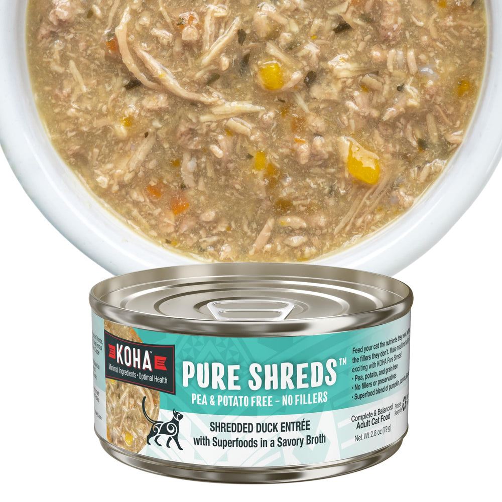KOHA pato desmenuzado en lata 2.8 oz, pack 24, alta proteína para gatos