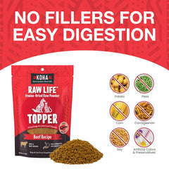 KOHA Raw Life Aderezo Crudo, etiqueta de probióticos para apoyar la digestión.