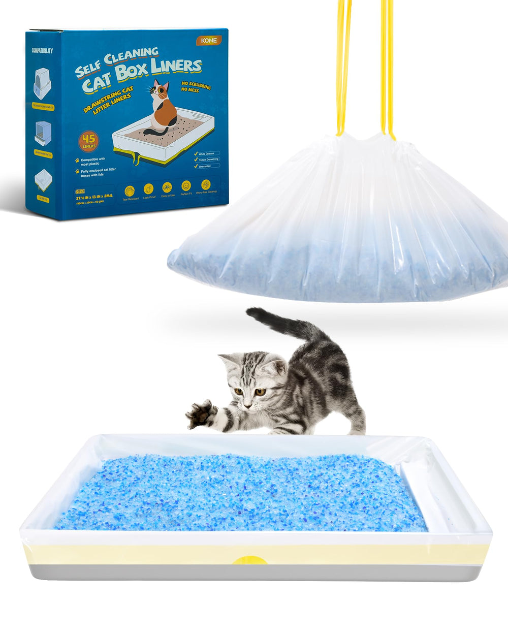 Bolsas KONE para caja de arena, 45 unidades, fáciles de colocar y desechar.