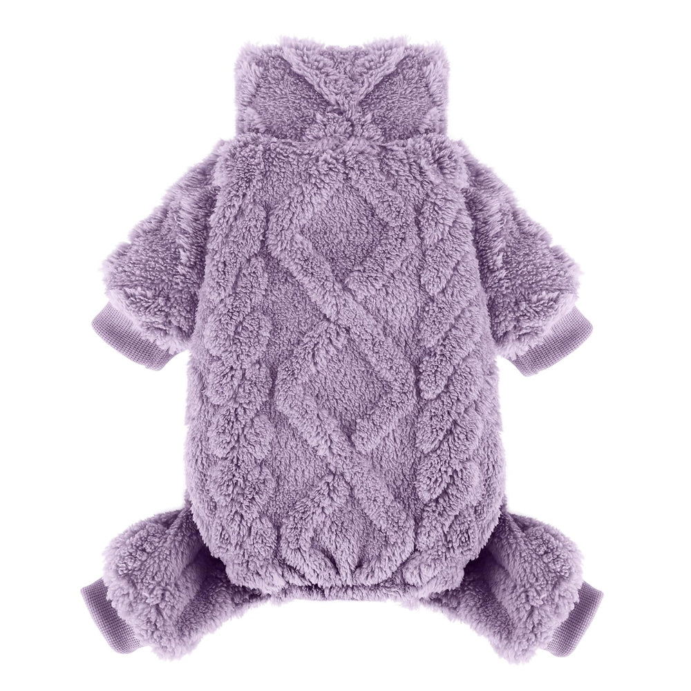 Kosiyi suéter morado para perro pequeño, frontal, ideal para paseos fríos.