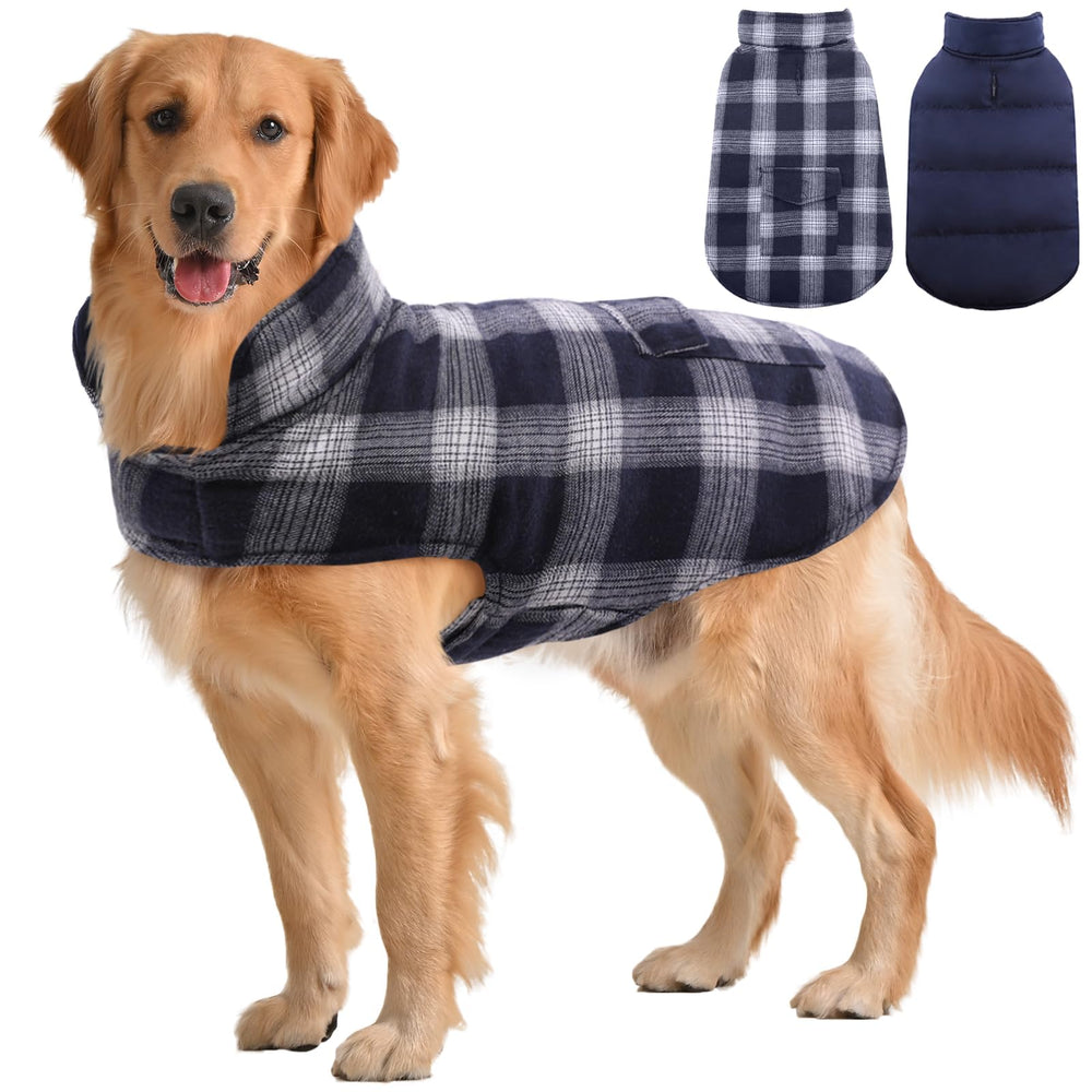 Kuoser chaqueta para perros, vista frontal de modelo con chaqueta reversible azul XL, cálida