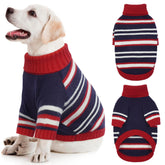 Kuoser suéter para perro con cuello alto y rayas rojas y azules, perfecto para días fríos.