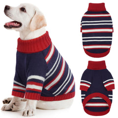Kuoser suéter para perro con cuello alto y rayas rojas y azules, perfecto para días fríos.