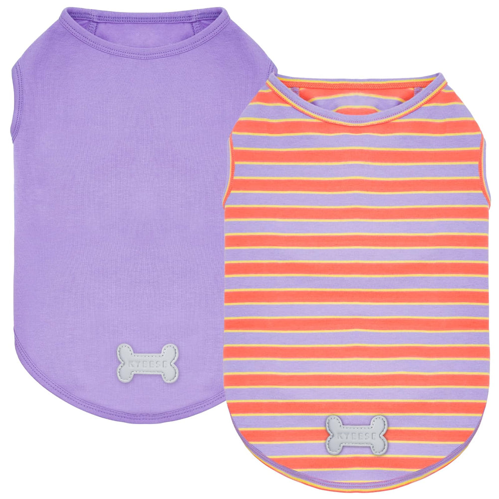 Camiseta KYEESE para perro, rayas moradas y naranjas, frontal, cómoda para paseos diarios.