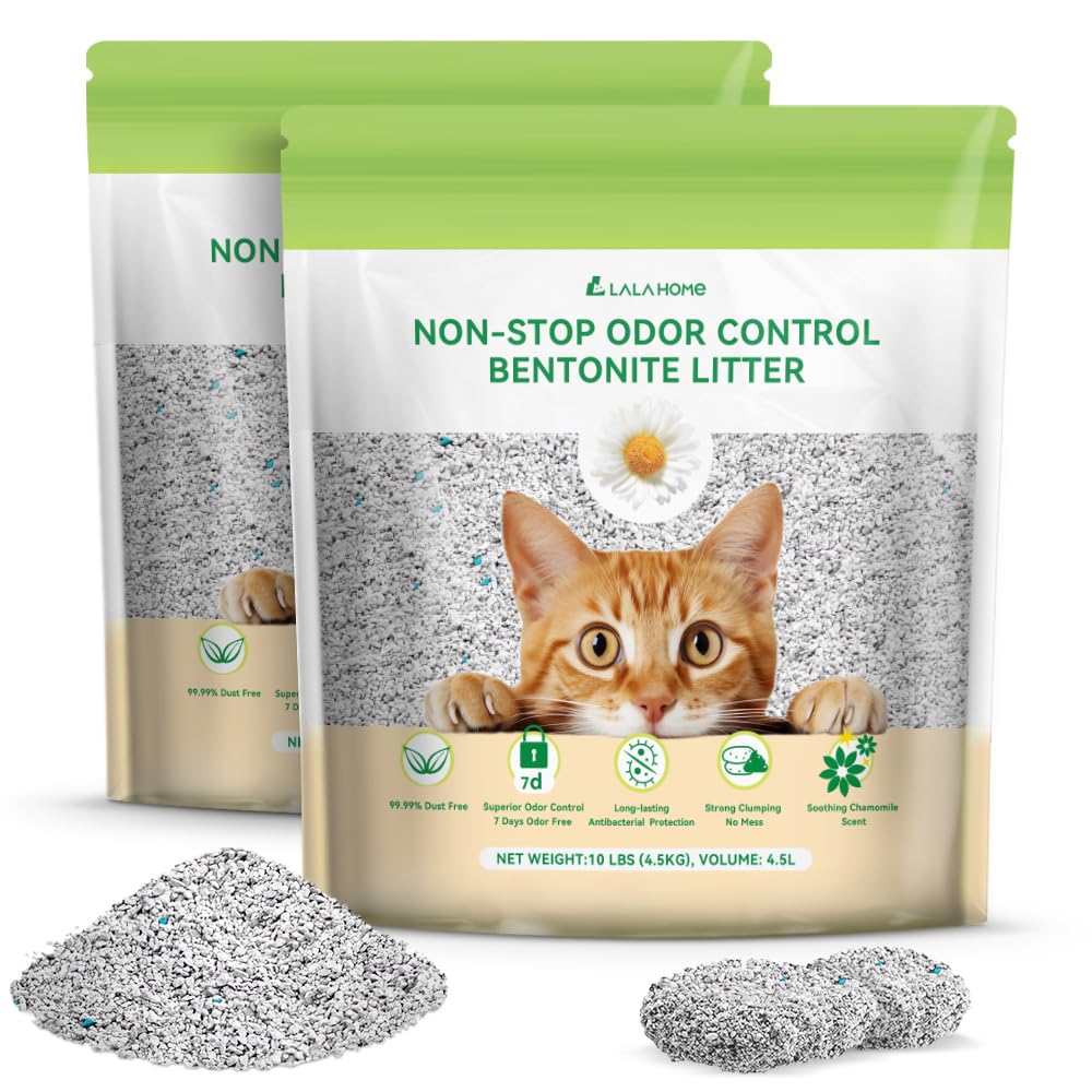 LALAHOME Bentonita para gatos en envase de 20 lb, grumos firmes para limpieza rápida.
