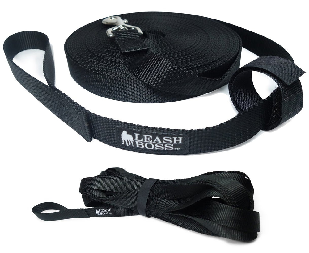 Leash Boss Long Trainer con cadena de entrenamiento de 15 pies en negro para obediencia.