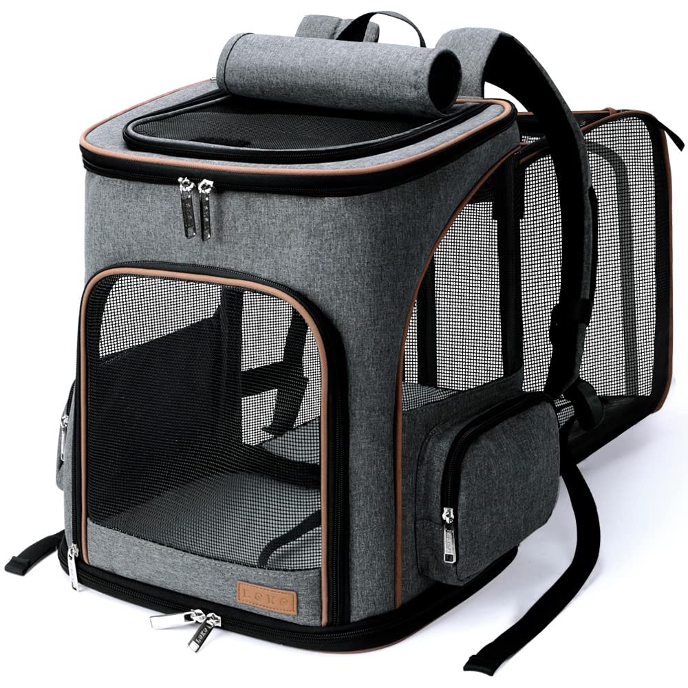 Lekereise Mochila gatos grande expandible gris con malla ventilada para viajes cómodos.