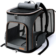 Lekereise Mochila gatos grande expandible gris con malla ventilada para viajes cómodos.