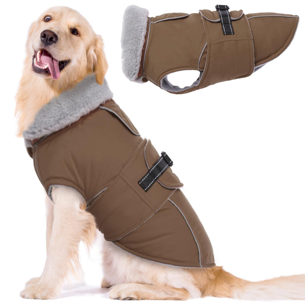 LeLePet abrigo para perros grandes, frente marrón, cómodo para paseos fríos.
