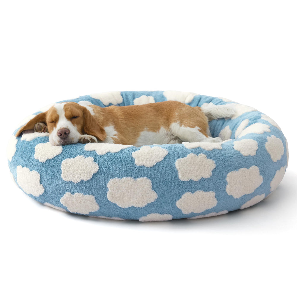 Le SURE cama para perros azul, forma redonda de 33 pulgadas para descanso cómodo.