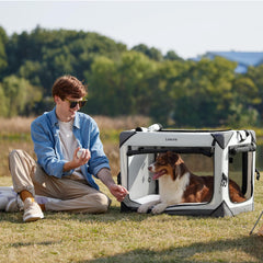 LE SURE jaula plegable para viajes ligeros con perro mediano.