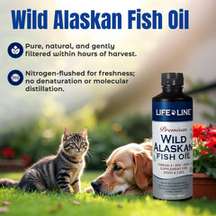 Life Line Pet Nutrition aceite Alaska vertido sobre comida: facilita ingesta sin olor.