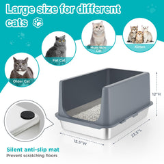 LIHONG, caja de arena de acero inoxidable con tapa XL, paredes altas para evitar derrames
