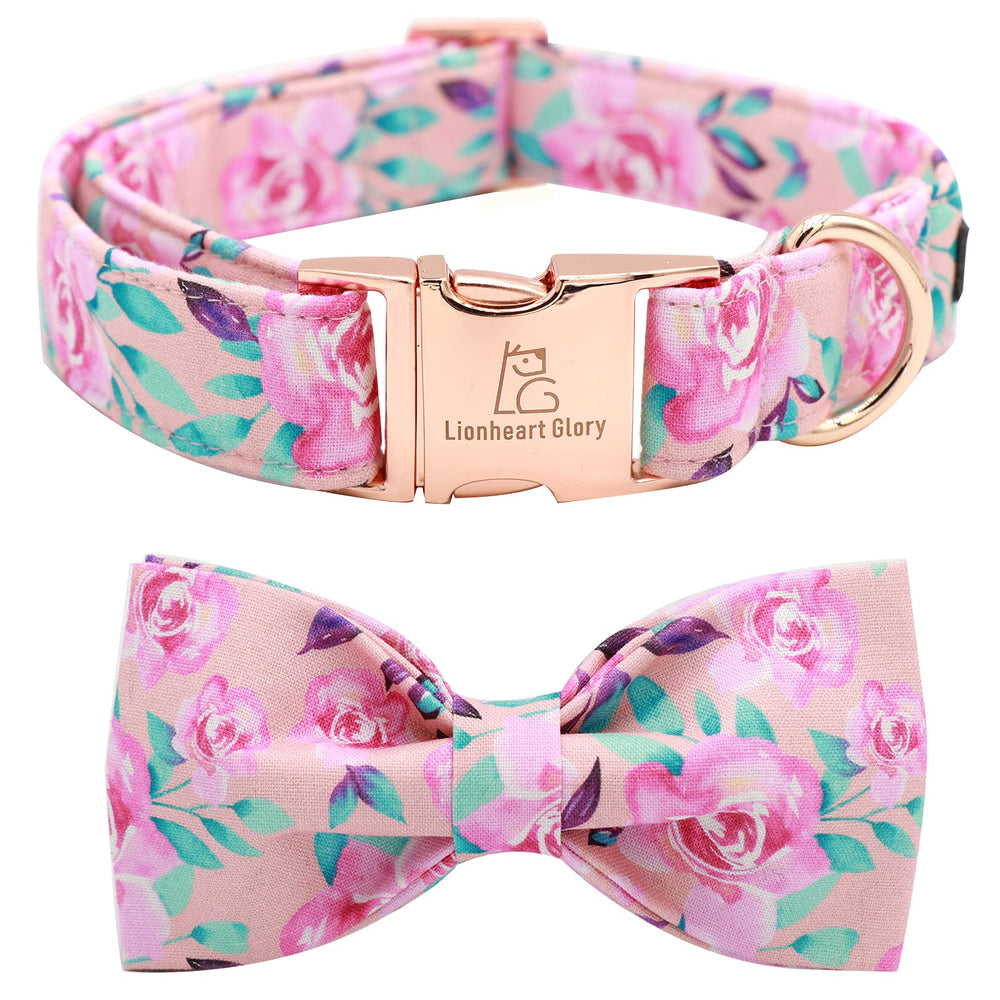 Collar Lionheart Glory con corbatín flor rosa, suave y cómodo para paseos.