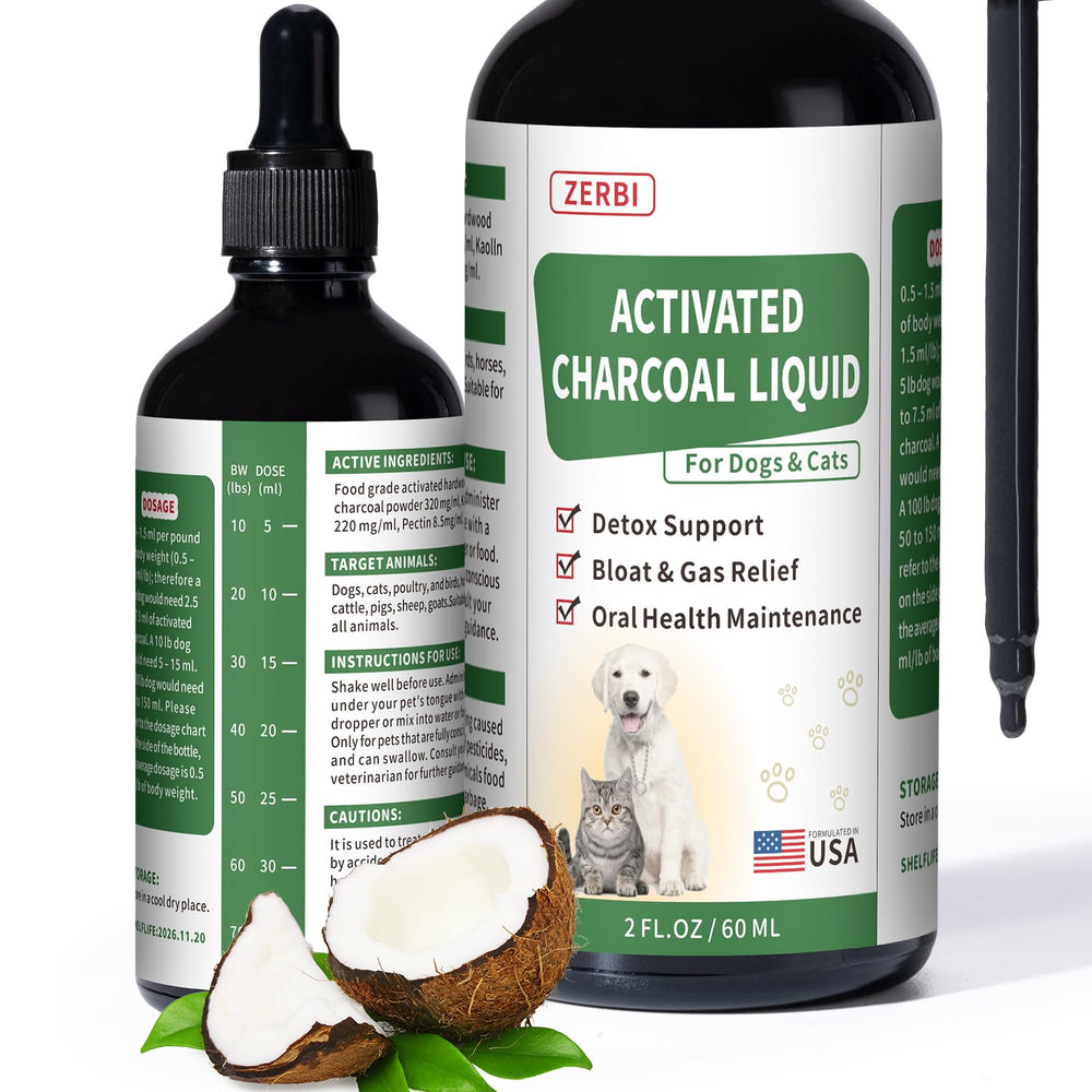 Liovsiso carbon activado para perros, botella líquida para absorción rápida de toxinas.