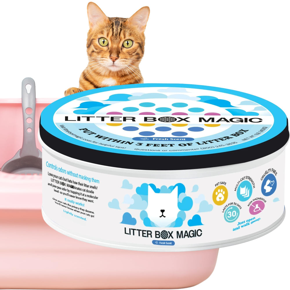 Litter Box Magic, desodorante en frasco con aroma fresco perfuma la habitación.