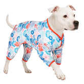 LovinPet pijama azul para perros, frente con estampado coral y conchas, cómodo de vestir