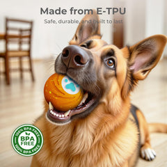 Lovkid bola interactiva naranja rebotando para estimular la curiosidad del perro.