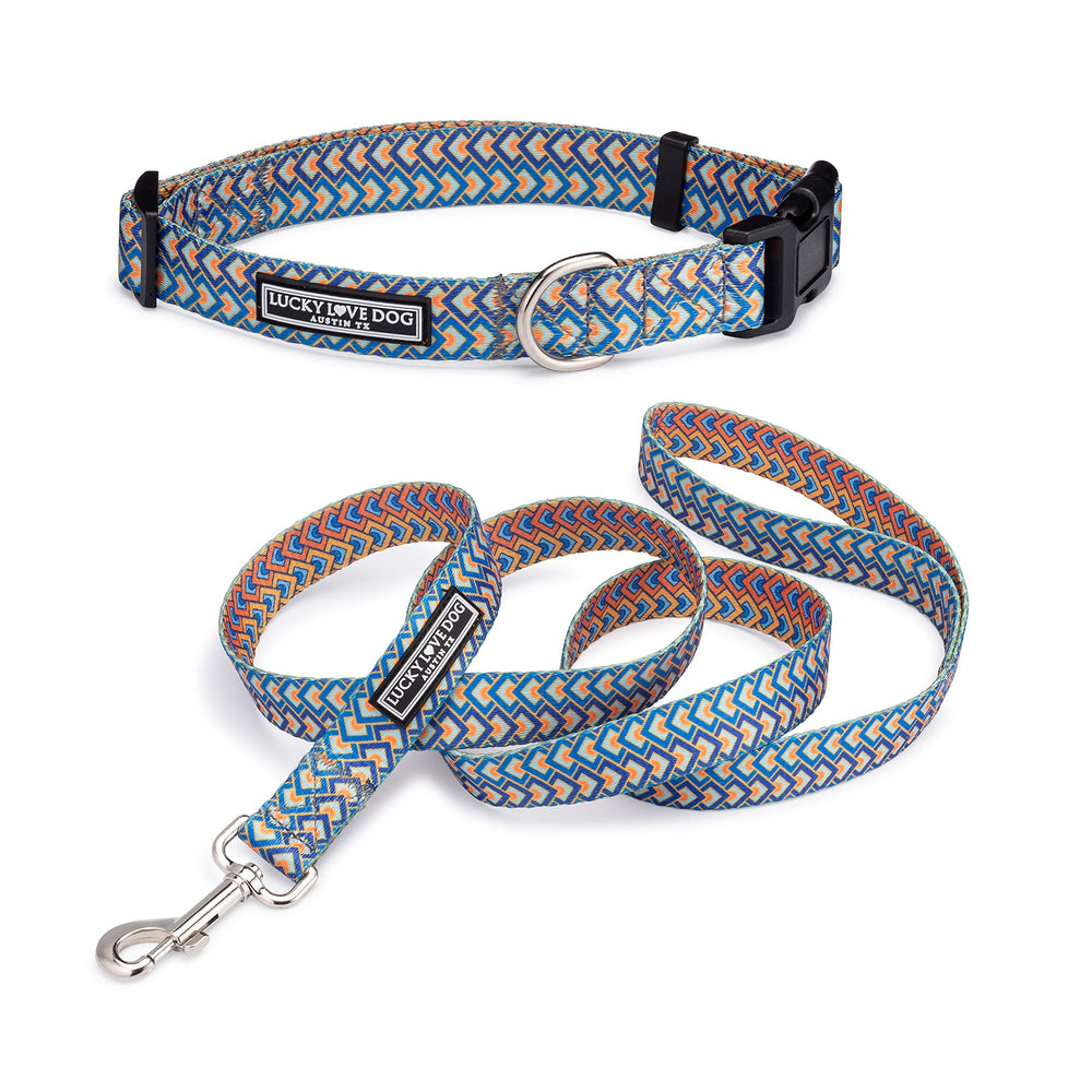 Collar Lucky Love Dog con patrón geométrico, cómodo y duradero para paseos diarios.