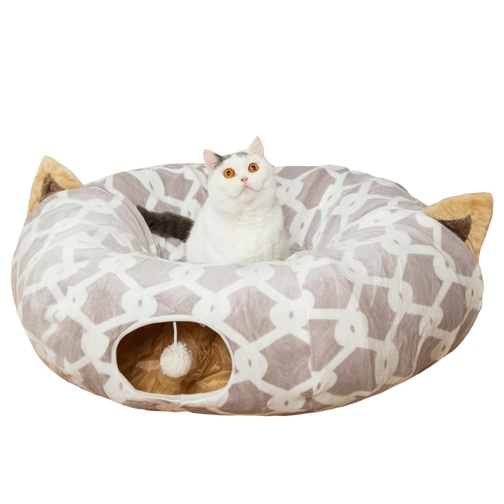 LUCKITTY tunel para gatos gris con diseño geometrico, ideal para acurrucarse junto al arbol
