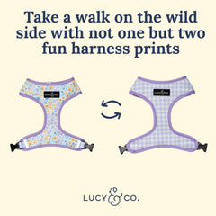 Lucy & Co arnés reversible, patrón floral morado; tela transpirable para días cálidos.