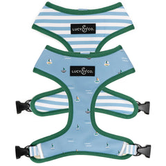 Arnés Lucy & Co Set Sail vista frontal, estilo reversible para paseos cómodos