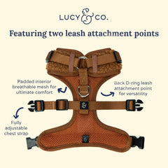 Lucy & Co. arnés Teddy Canela, clip frontal para control durante paseos.