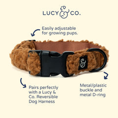 Lucy & Co. Collar Teddy Canela muestra diseño ligero para uso diario al aire libre.
