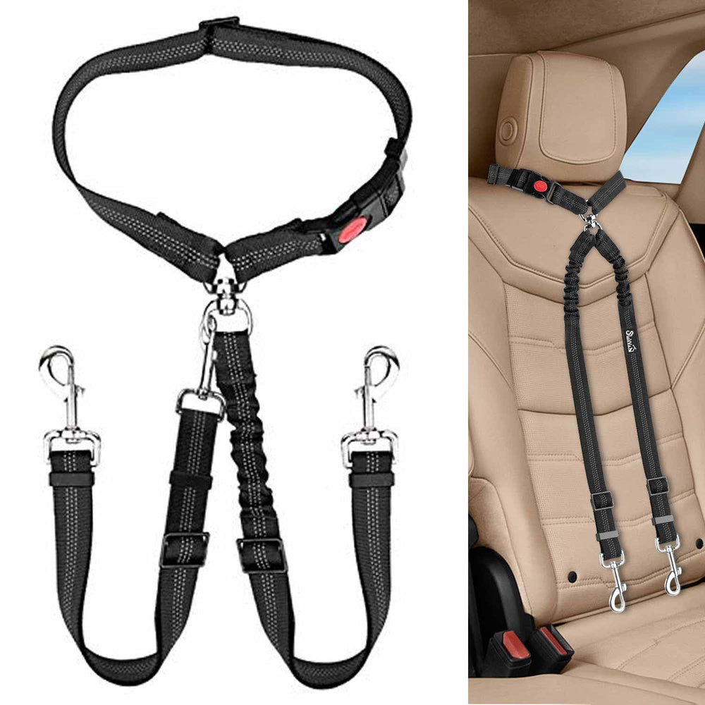 Lukovee doble cinturón para perros en coche con dos mascotas seguras.