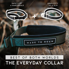 Collar MADE TO ROAM nylon resistente, detalle de costuras para durabilidad.