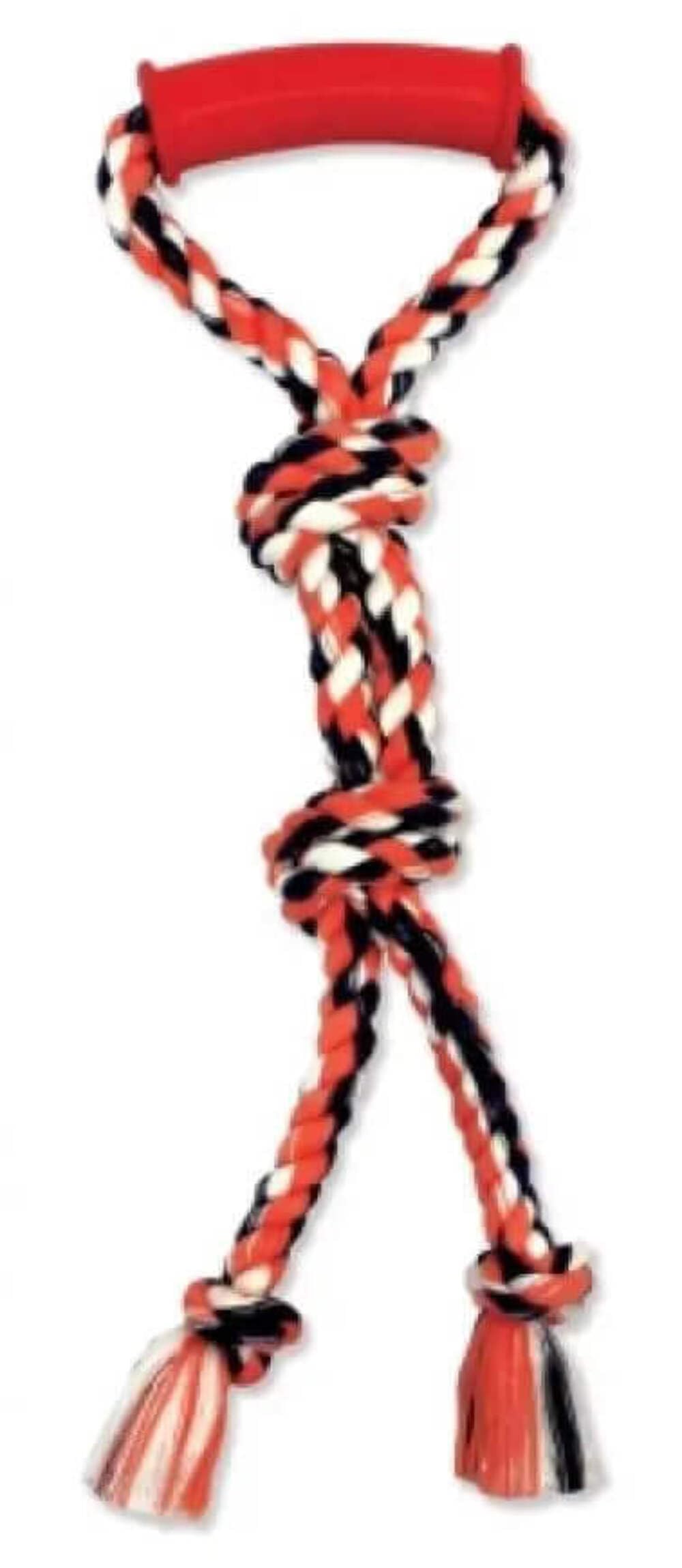 Mammoth Flossy Chews Color Twin Tug con mango de goma, juego interactivo para dos perros.