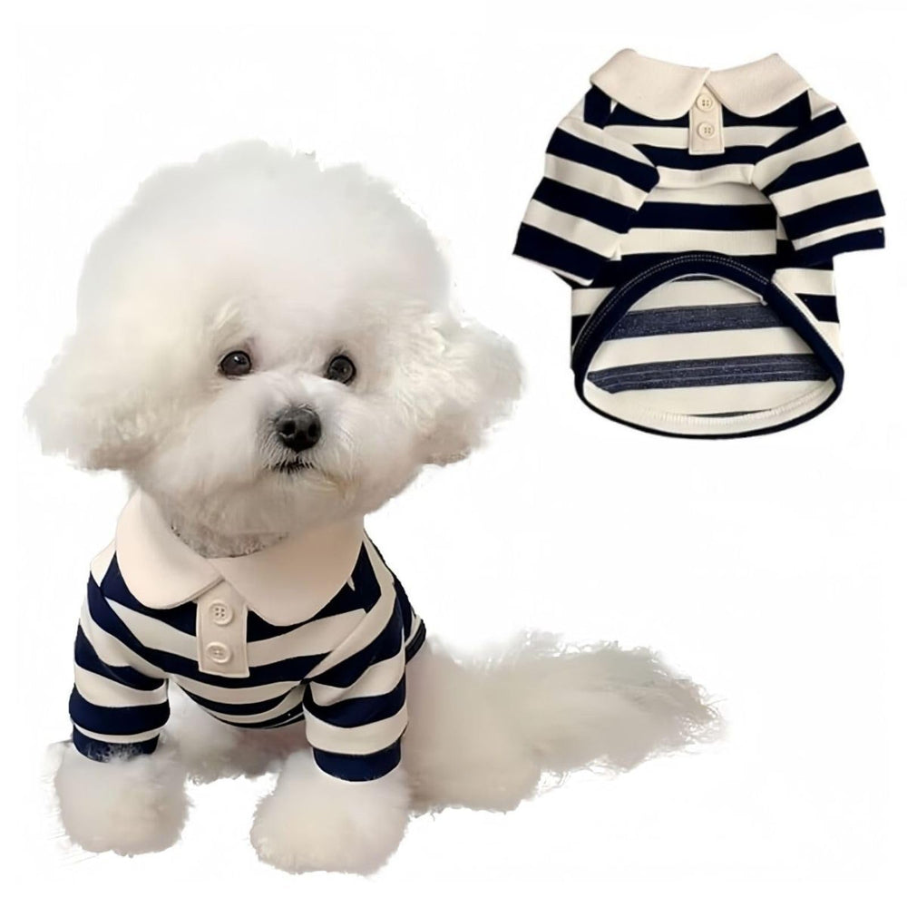MANON ROSA camiseta polo azul con rayas para perro, ideal para salidas de verano.