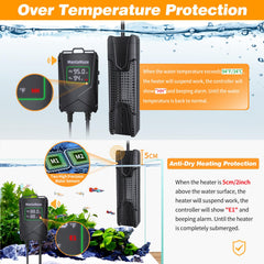 Calentador MantaMaze 500W con panel externo para ajuste cómodo fuera del agua.