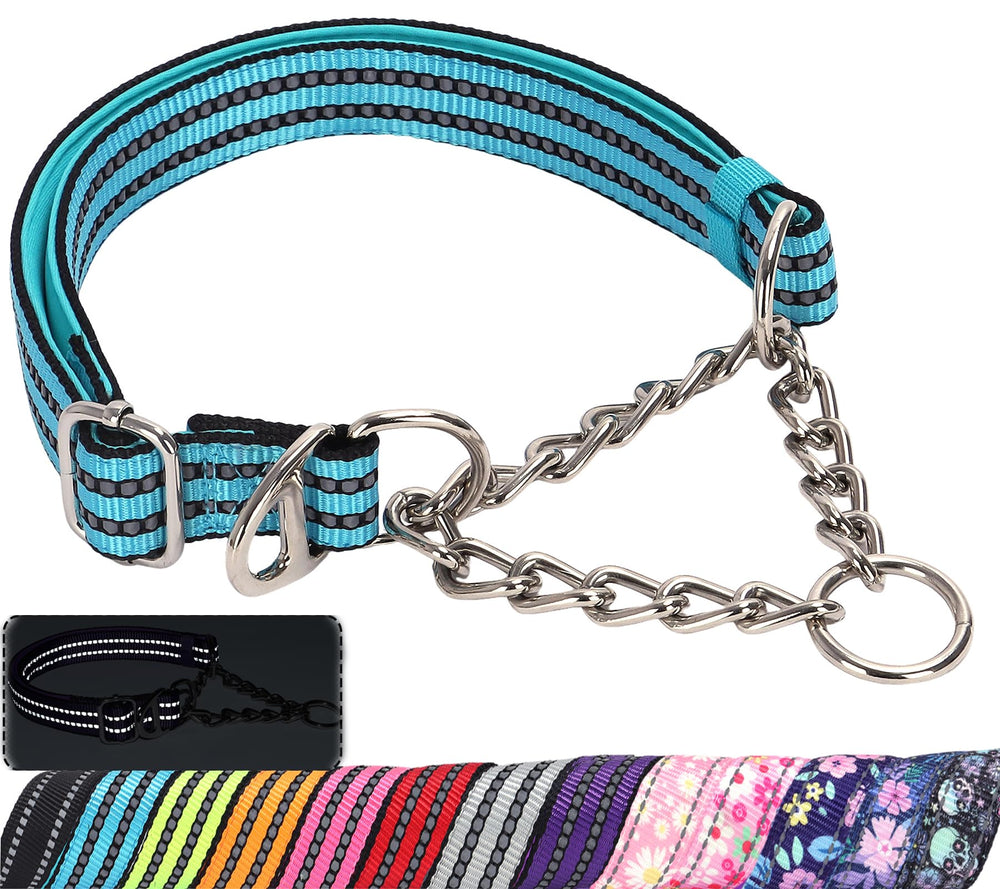 Collar MAOWUWUJOZ martingala reflectivo con cadena de acero para paseos nocturnos.
