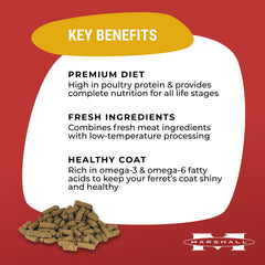 Marshall Pet Ferret Premium Diet 6lb, etiqueta clara, ayuda a medir porciones para una rutina diaria.