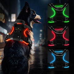MASBRILL arnés luminoso para perro, vista frontal, mejora visibilidad nocturna y seguridad.